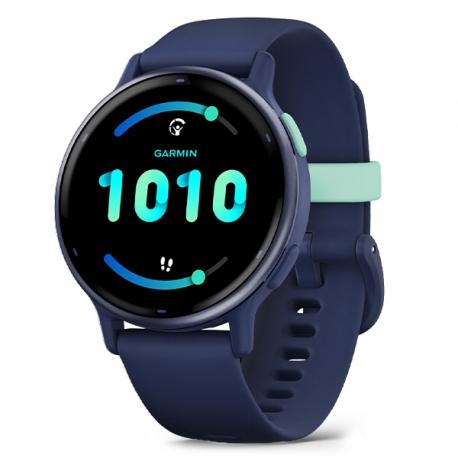 Vivoactive 5 Metaliczny aluminiowy bezel w kolorze Navy z kopertą w kolorze Navy i silikonowym paskiem