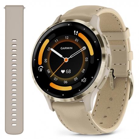 Venu 3S Bezel ze stali nierdzewnej w kolorze soft gold z kopertą w kolorze french gray i skórzanym paskiem