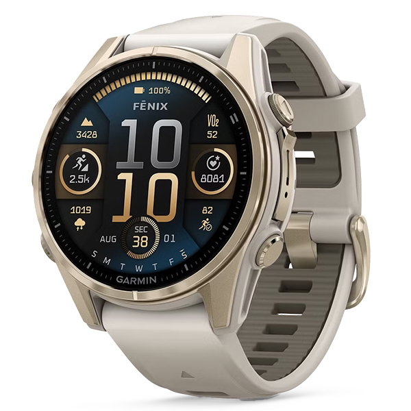 Fenix 8 43 mm AMOLED Sapphire Soft Gold z piaskowo-beżowym paskiem
