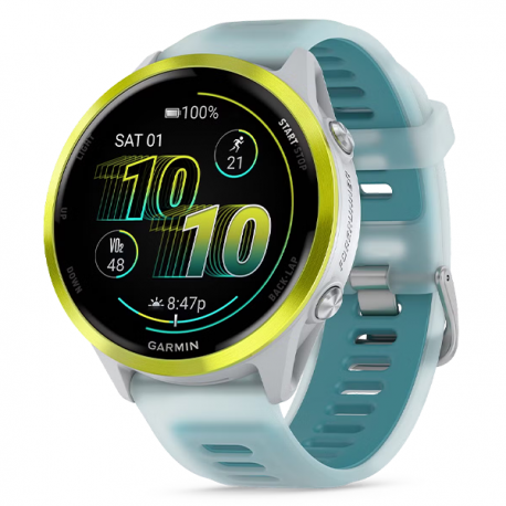 Forerunner 570 47 mm Aluminiowy w kolorze Amp Yellow z półprzezroczystym paskiem w kolorze Whitestone/Turquoise